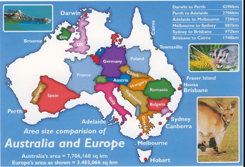 Landkarte Australien im Vergleich mit Europa