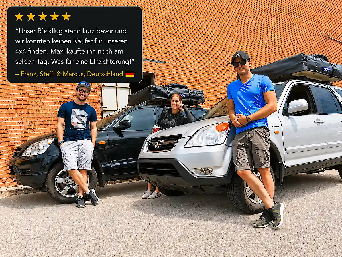 Franz, Steffi und Marcus verkaufen ihren 4x4 vor dem Rückflug in Sydney an Travelwheels