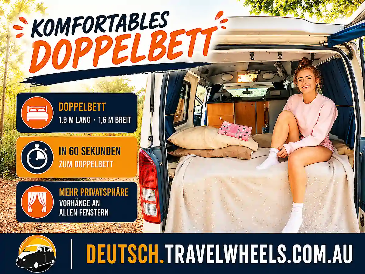 Camper kaufen Australien – komfortables Doppelbett mit 1,9 Metern Länge und 1,6 Metern Breite im Travelwheels Campervan