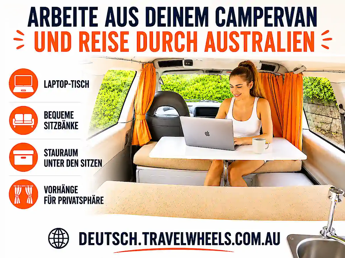 Digital Nomad arbeitet am Laptop im Campervan während einer Reise durch Australien