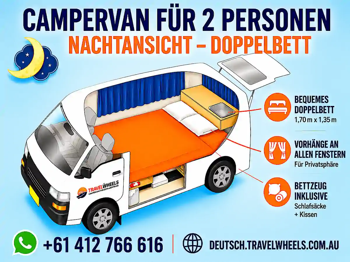 Campervan für 2 Personen mit Doppelbett, Vorhängen und Bettzeug – Nachtansicht des Innenraums