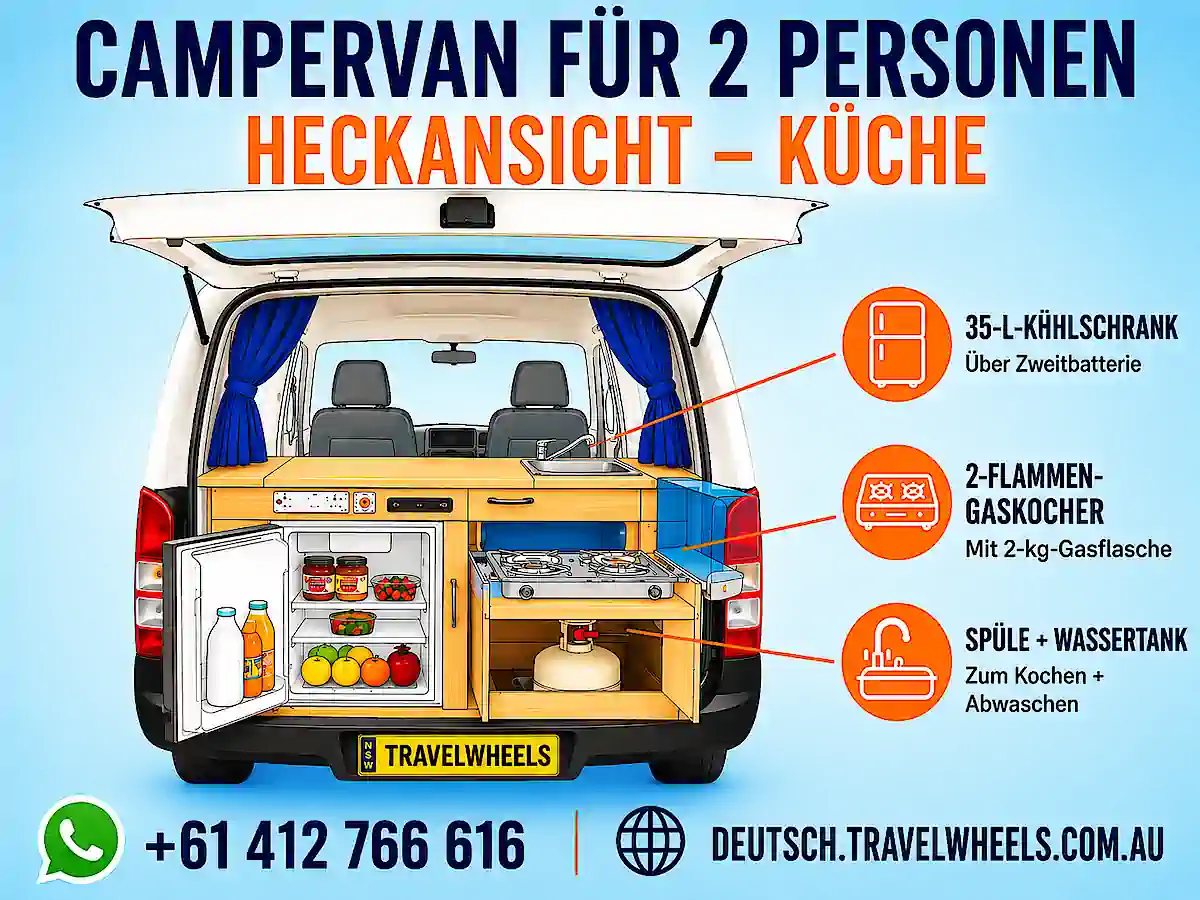 Campervan für 2 Personen mit Heckküche, Kühlschrank, Gaskocher, Spüle und Wassertank