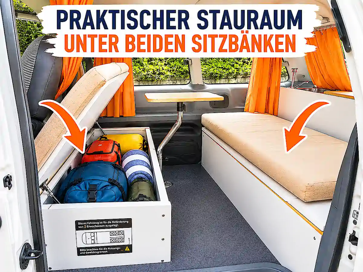Campervan für 2 Personen mit praktischem Stauraum unter beiden Sitzbänken