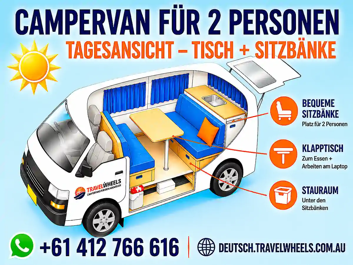 Campervan für 2 Personen mit Sitzbänken, Klapptisch und Stauraum – Tagesansicht des Innenraums