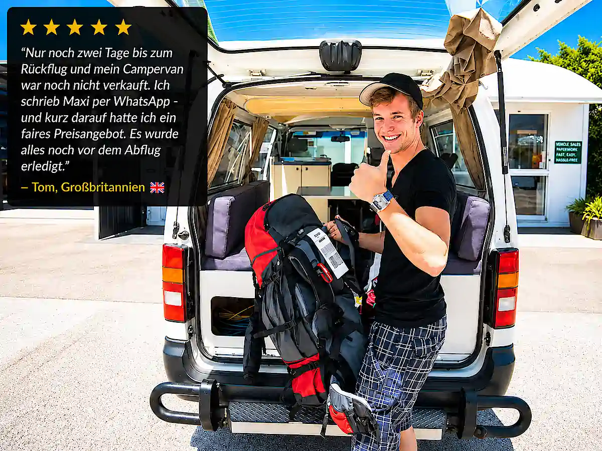 Meinen Campervan verkaufen – Tom erhält nach WhatsApp-Kontakt mit Maxi schnell ein faires Preisangebot vor seinem Rückflug