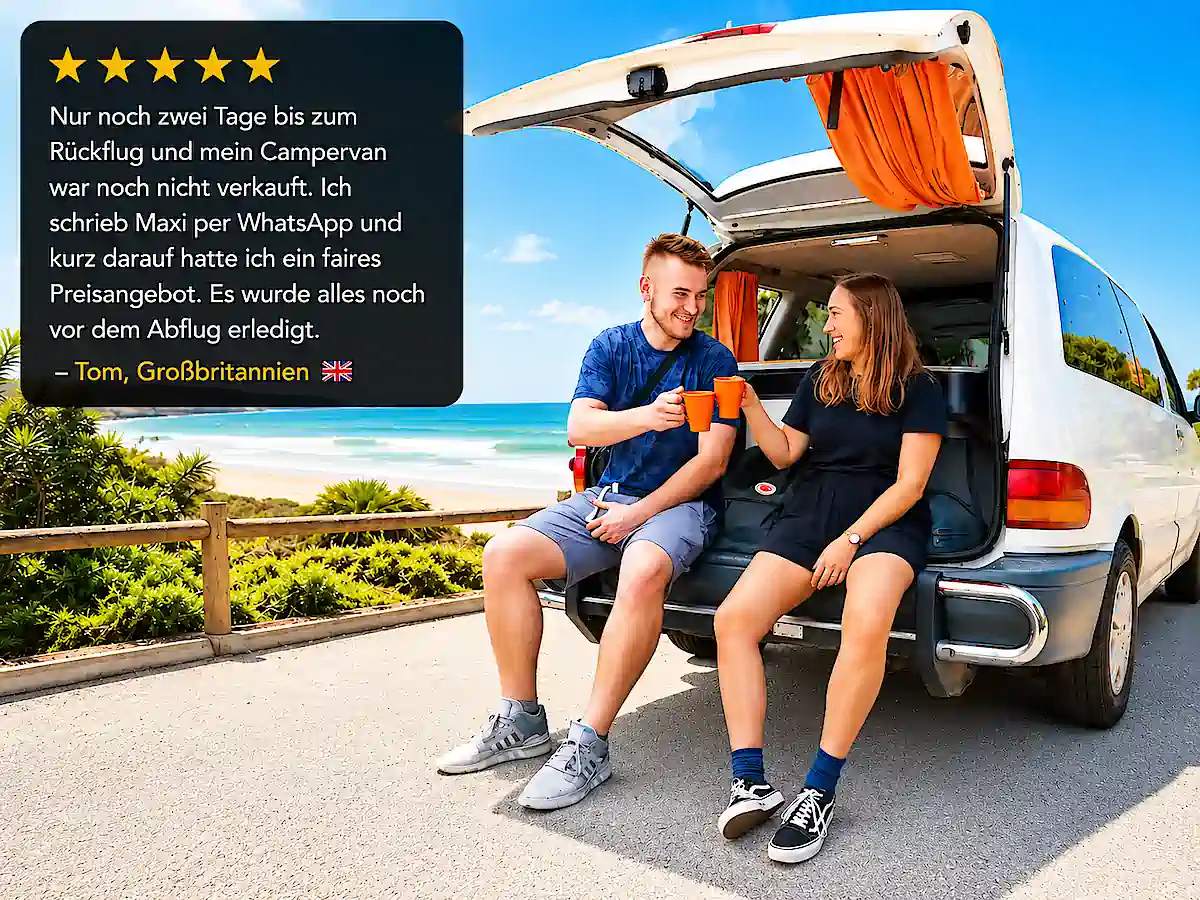 Meinen Campervan verkaufen – Tom verkauft seinen Campervan kurz vor dem Rückflug nach einem schnellen Angebot von Maxi per WhatsApp