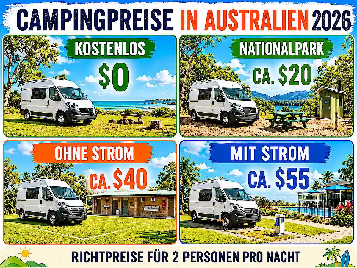 Campingplätze Australien Ostküste – Preise 2026 für kostenlose, einfache und ausgestattete Campingplätze