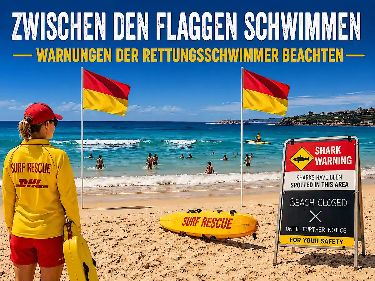 Giftige Tiere in Australien – Strand mit Haiwarnung und roten und gelben Schwimmflaggen