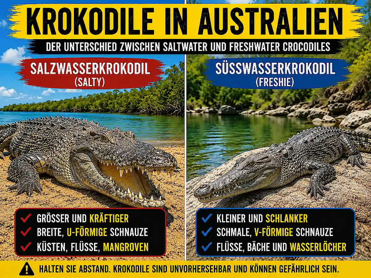 Giftige Tiere in Australien – Unterschied zwischen Salzwasser- und Süßwasserkrokodil