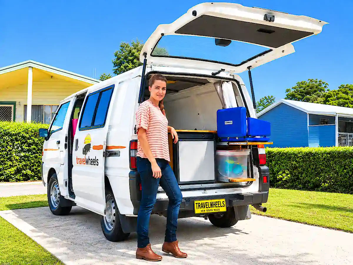 Günstigen Camper in Sydney kaufen – Reisende zeigt die ausgestattete Heckküche des Campervans
