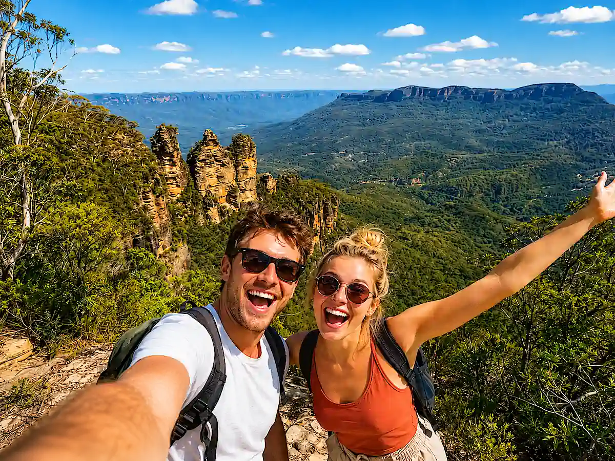 Sydney nach Cairns Roadtrip – Paar bei den Three Sisters in den Blue Mountains