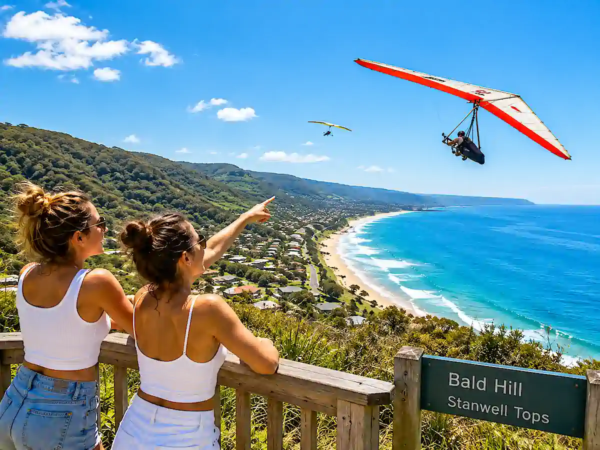 Sydney nach Jervis Bay – Hängegleiter am Bald Hill Lookout bei Stanwell Tops
