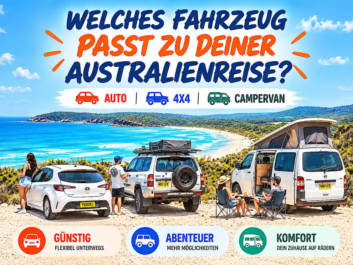 Auto, 4x4 und Campervan an der australischen Küste als Vergleich für verschiedene Arten einer Australienreise 