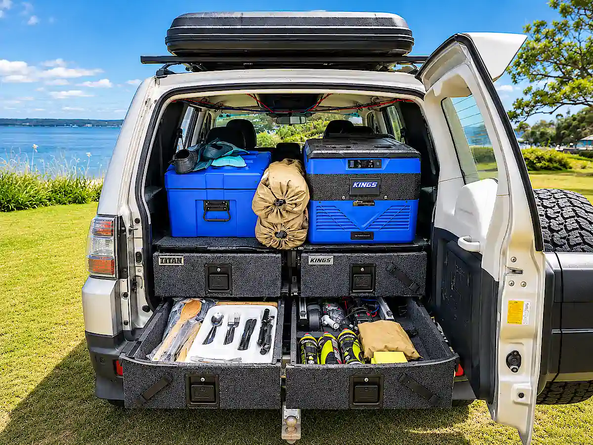 Mitsubishi Pajero gebraucht kaufen – Campingküche mit Kühlbox, Schubladen und Campingausrüstung