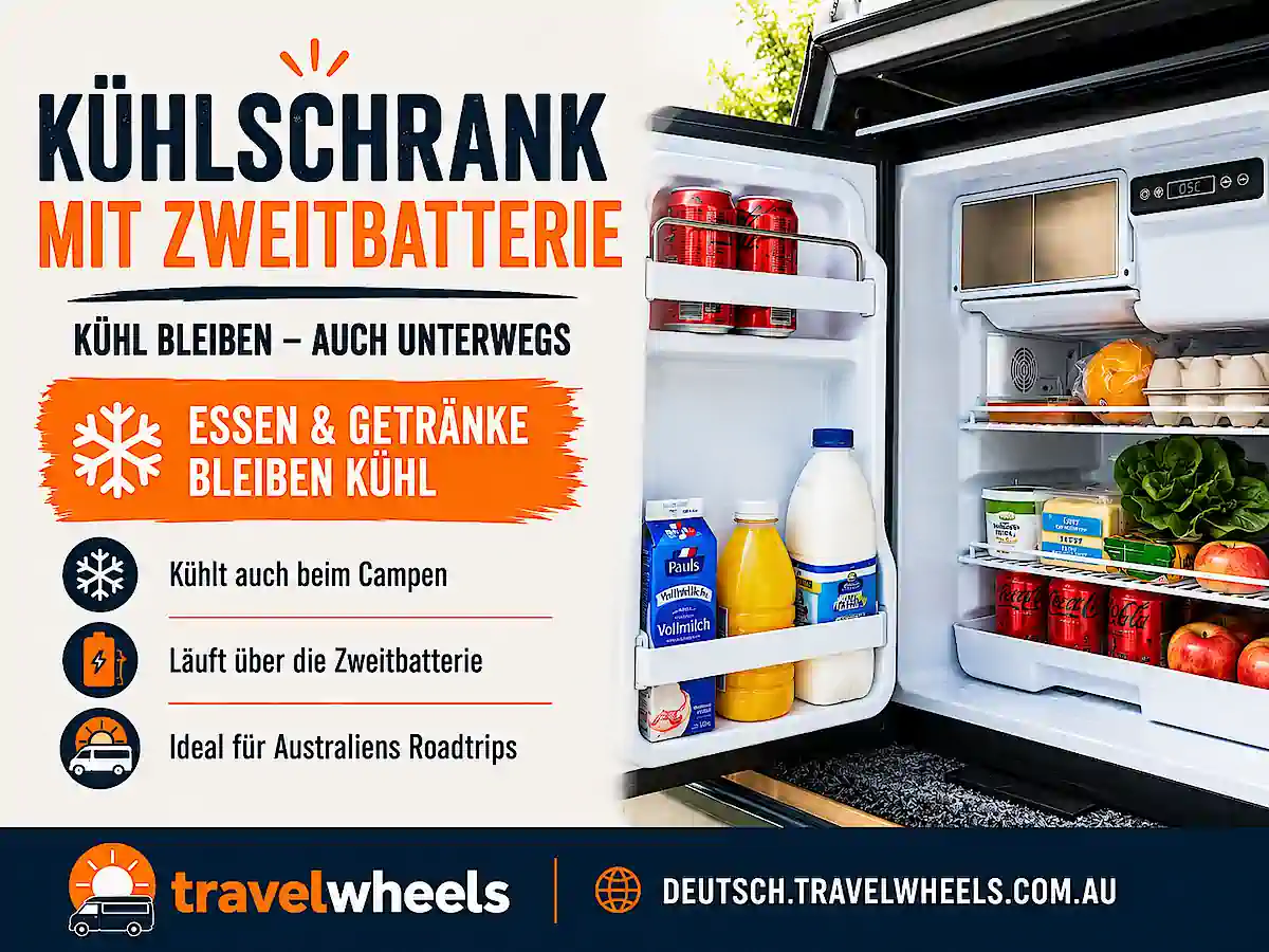 Kühlschrank mit Zweitbatterie im Camper für Reisen durch Australien mit Travelwheels