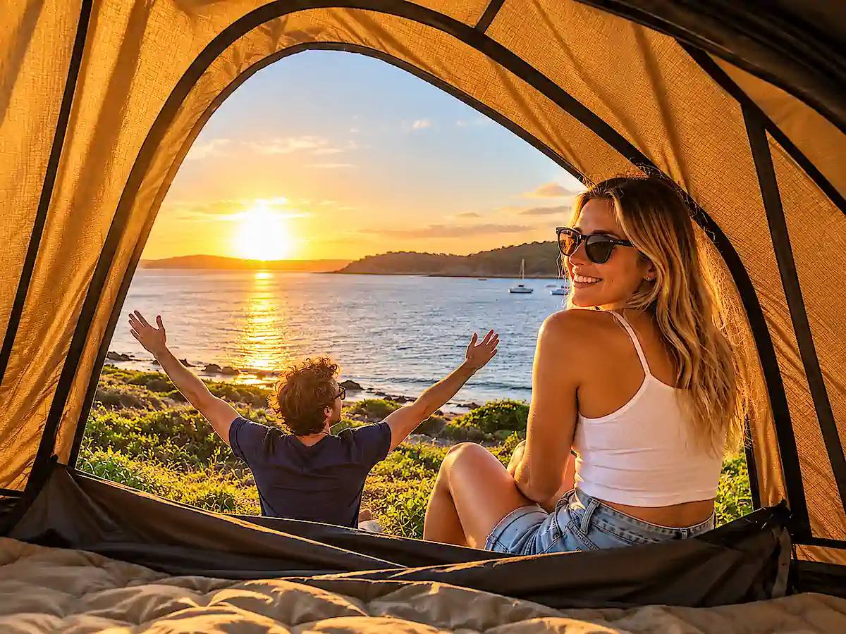 SUV Camper kaufen – Paar wacht bei Sonnenaufgang im Dachzelt auf und genießt den traumhaften Blick aufs Wasser in Australien 